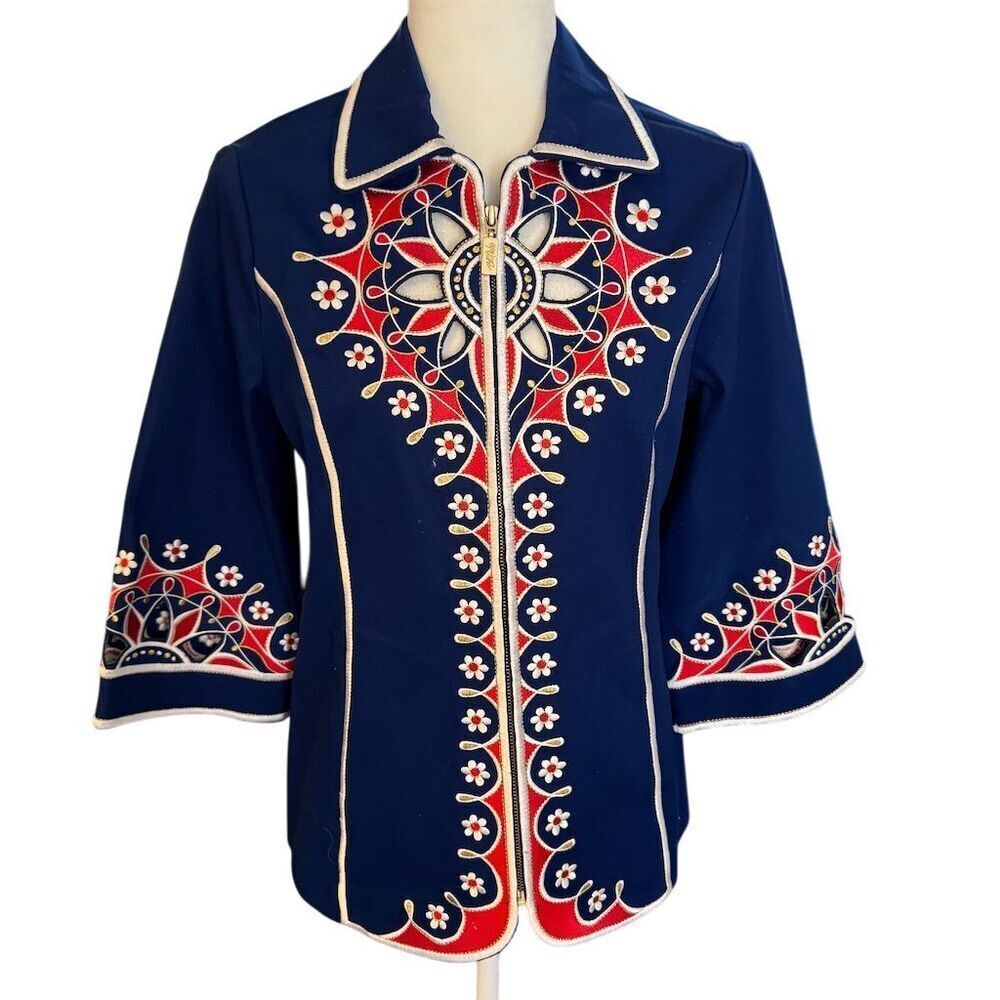 Bob Mackie Wearable Art Blue Embroidered Cutout Jacket Women's Size XS